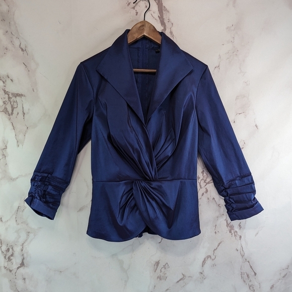 Tadashi Shoji Jacket Women 12 L Purple Tafetta Metallic Zip Ruched Pintuck Top